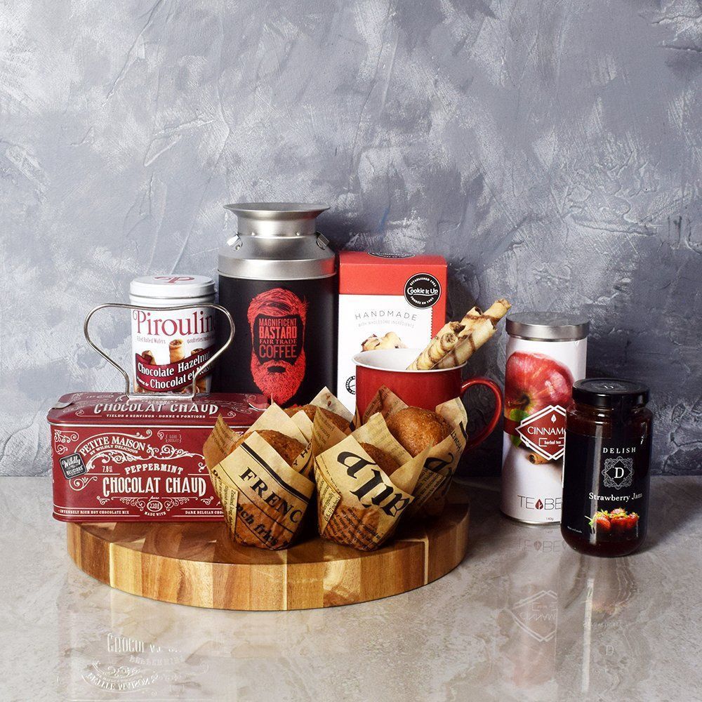 Gourmet Basket Gift Featuring Muffins, Coffee, and Chocolates – how the gift is presented