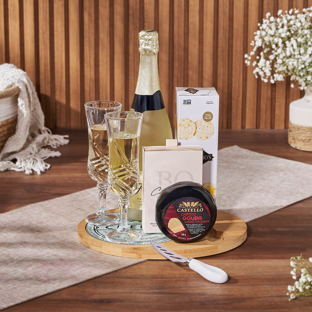 Bubble &amp; Cheese Please Champagne Gift Basket, sparkling wine gift, sparkling wine, cheese gift, cheese, champagne gift, champagne, Los Angeles delivery