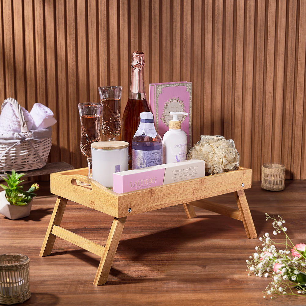Lavender Scented Spa and Sparkling Wine Gift Set with Gourmet Chocolates – how the gift is presented