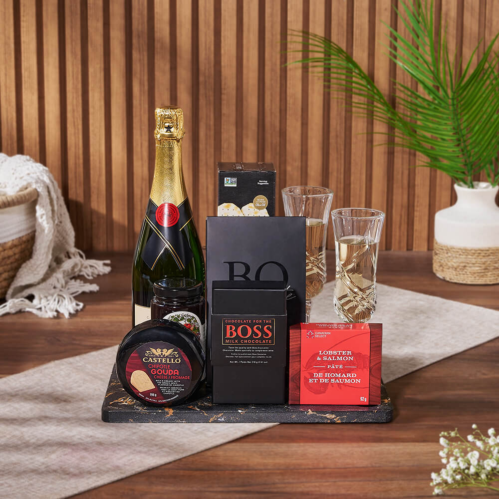 Special Occasion Sparkling Wine Gift Basket with Marble Board – how the gift is presented