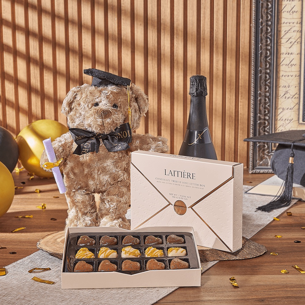 Champagne &amp; Graduate Bear, champagne gift, champagne, sparkling wine gift, sparkling wine, graduation gift, graduation, chocolate gift, chocolate, America delivery