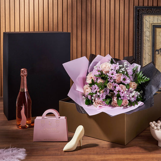 Champagne & Mixed Rose Gift Set, sparkling wine gift, sparkling wine, rose gift, rose, flower gift, flowers, floral gift basket, floral gift, America delivery