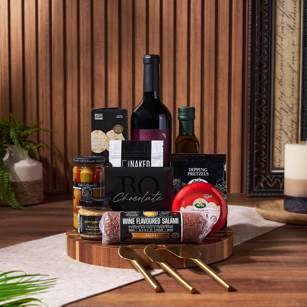 Cheese, Crackers &amp; Wine Gift Basket, wine gift, wine, cheese gift, cheese, charcuterie gift, charcuterie, America delivery