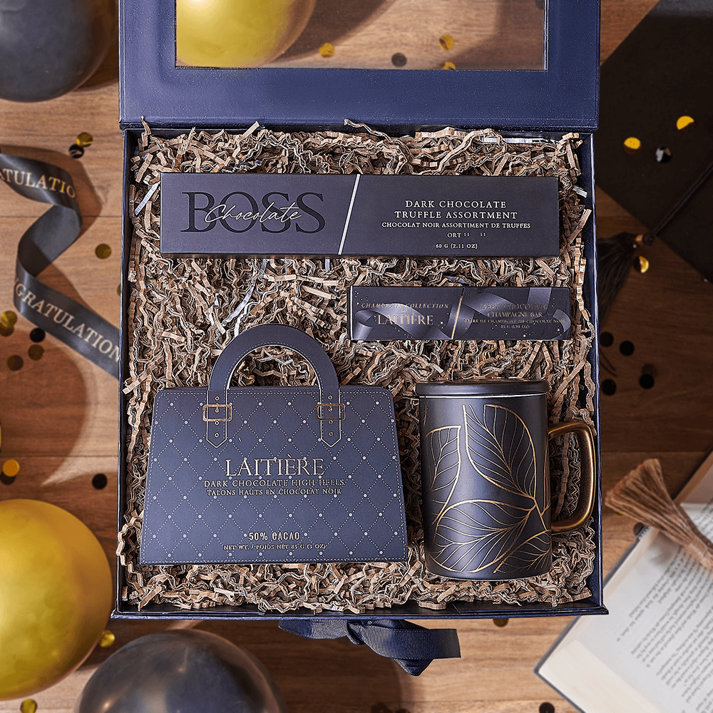 Graduation Dark Chocolate Gift Box Basket – how the gift is presented