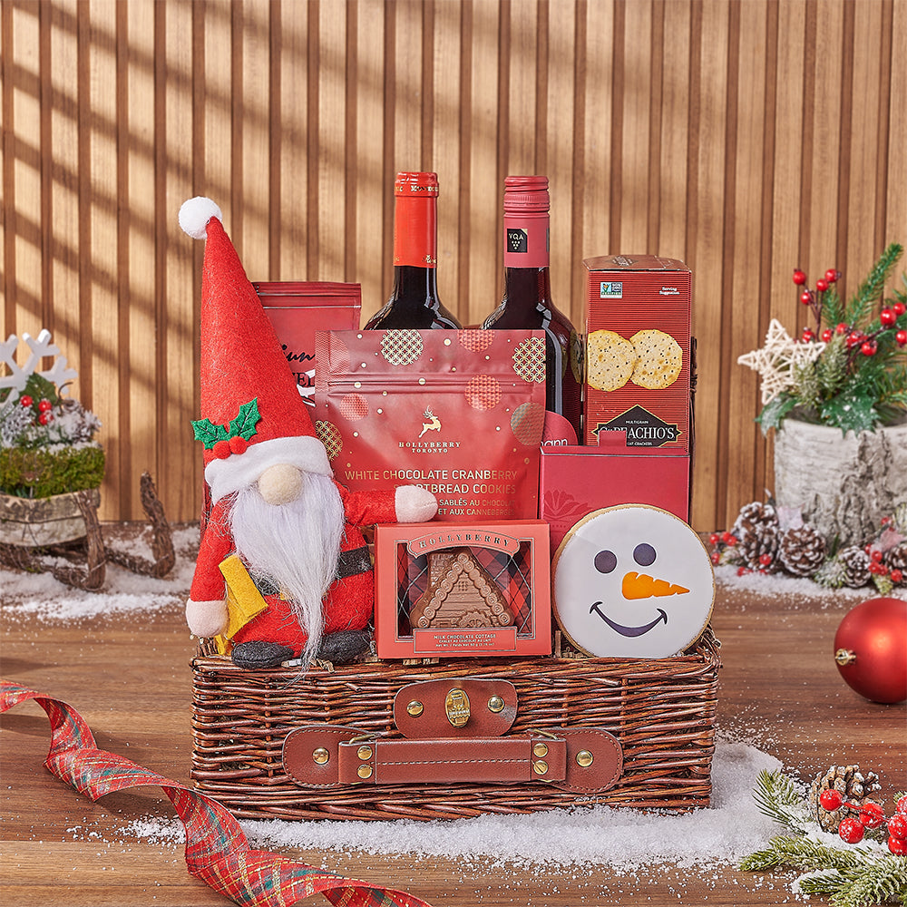 Holiday Wicker Picnic Basket with Two Wines and Gourmet Treats – how the gift is presented
