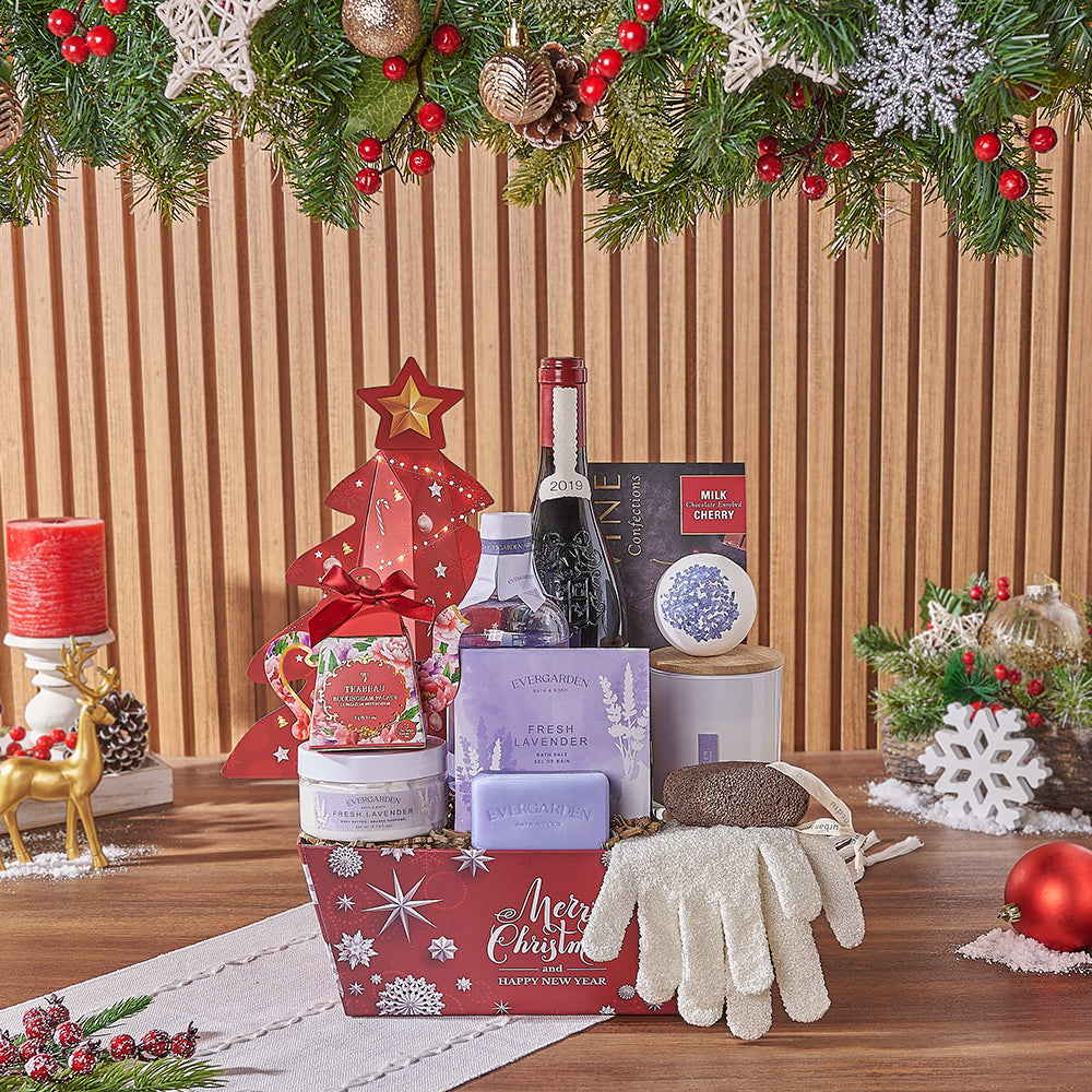 Christmas Wine &amp; Spa Gift Set, wine gift, wine, spa gift, spa, chocolate gift, chocolate, tea gift, tea, America delivery