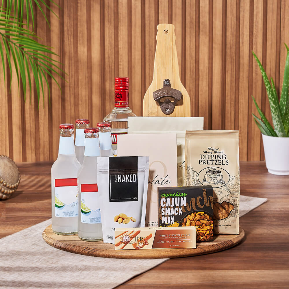 Coolers &amp; Crunch Liquor Basket from America Baskets - Liquor Gift Set - America Delivery.