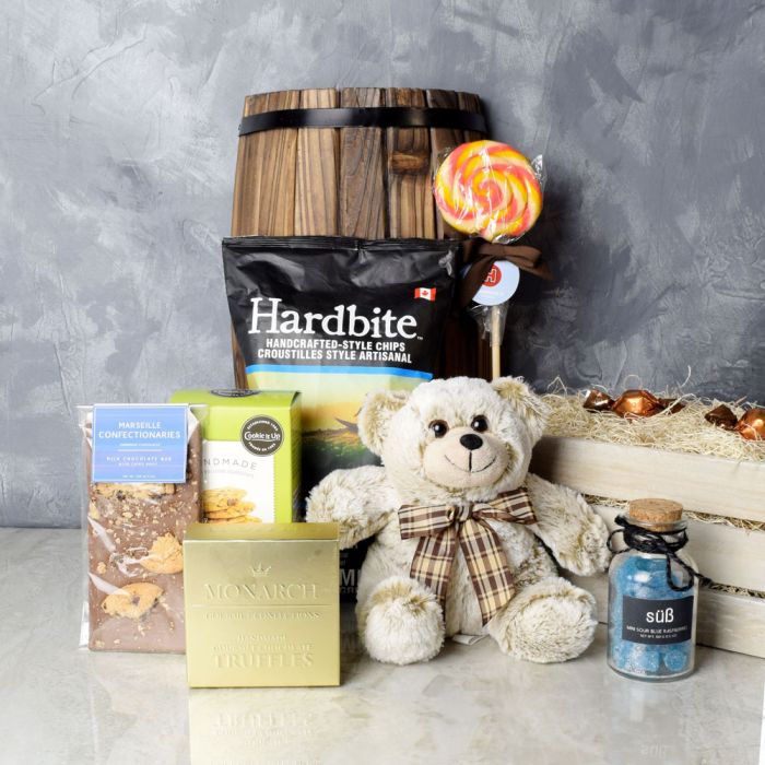 Plush Silver Jamie Bear Gift Crate with Gourmet Treats – how the gift is presented