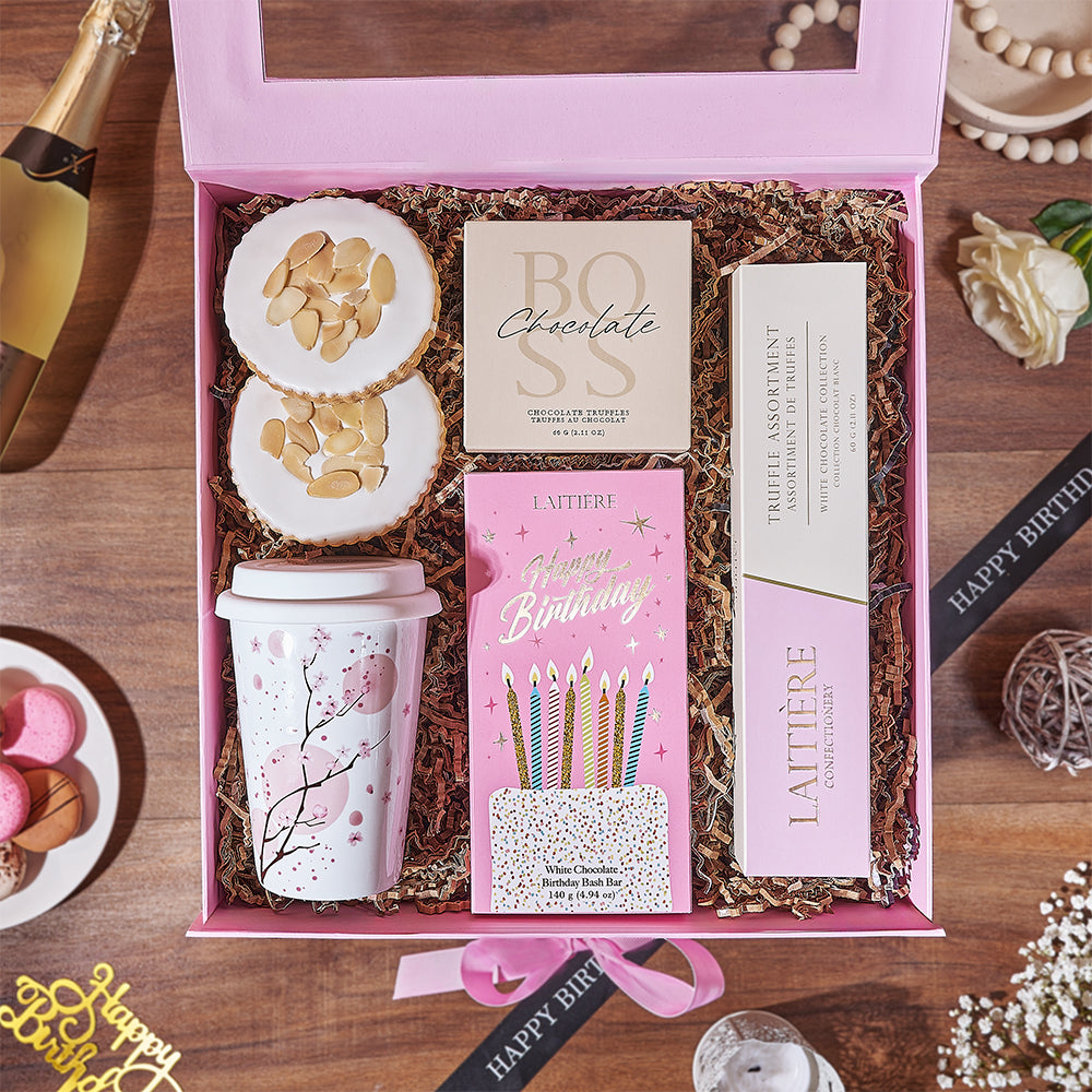Festive Pink Gift Box with Birthday Chocolates and Floral Travel Cup – how the gift is presented