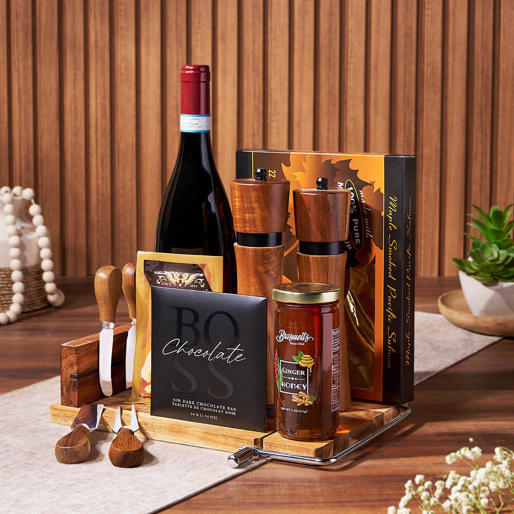 Wine Gift Basket with Maple Salmon – how the gift is presented