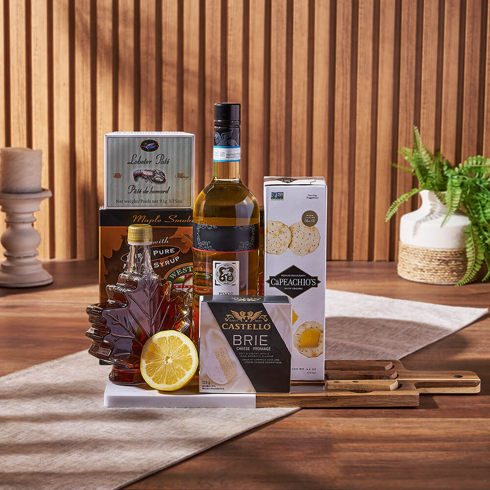 Deluxe Smoked Salmon &amp; Citrus Gift Basket with Wine, wine gift, wine, gourmet gift, gourmet, cheese gift, cheese, cheese board gift, cheese board, America delivery