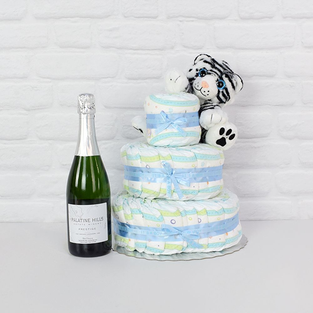 Diapers &amp; Plush Tiger Champagne Gift Set from America Baskets - America Delivery