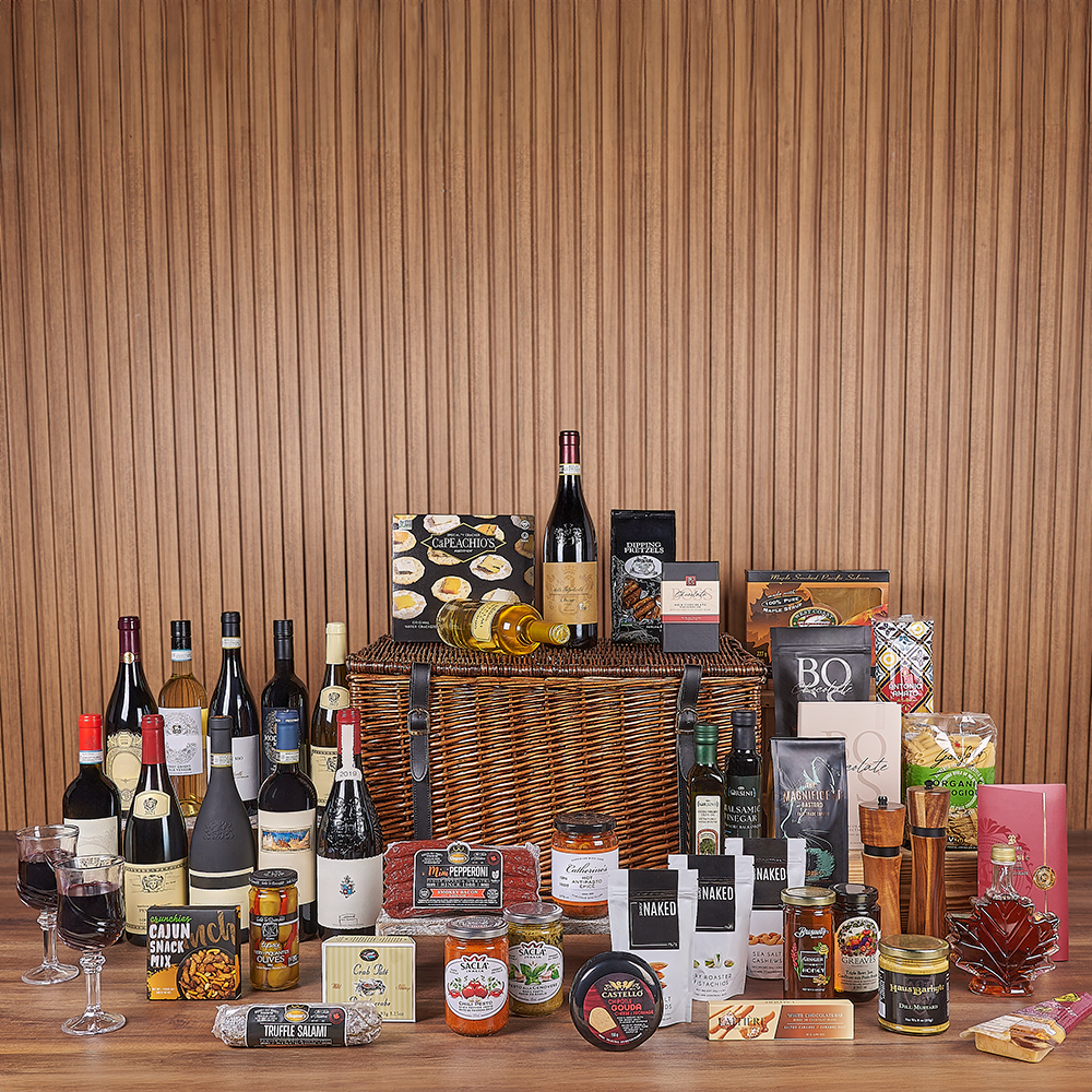 Exquisite Wine &amp; Goodie Basket - Premium Wines, wine gift, wine, chocolate gift, chocolate, luxury gift, luxury, America delivery