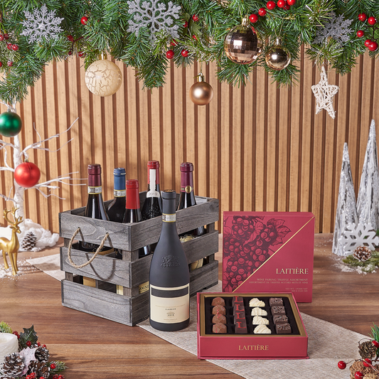 Festive Christmas Wine Gift Crate, wine gift, wine, christmas gift, christmas, holiday gift, holiday, chocolate gift, chocolate, America delivery
