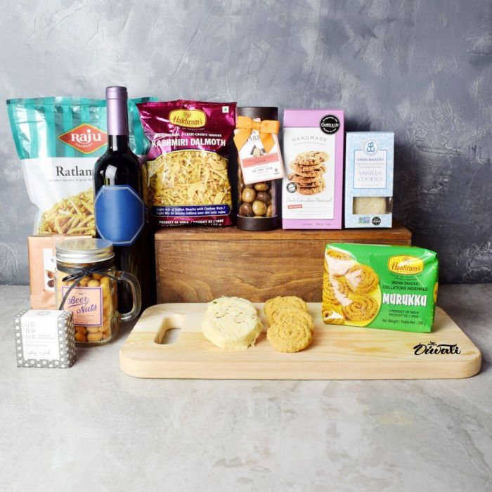 Diwali Wine and Snack Gift Basket – how the gift is presented