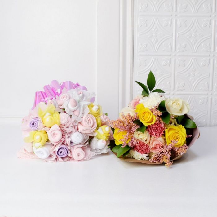 Floral &amp; Cuddly Bouquet For The Baby Girl Gift Set from America Baskets - Baby Gift Basket - America Delivery.