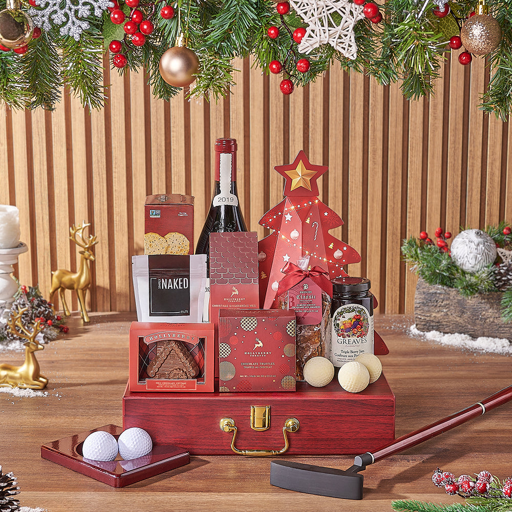 Wine Gift Basket with Putting Set – how the gift is presented