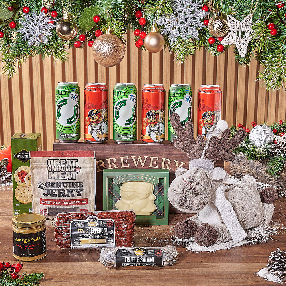 Holiday Craft Beer and Truffle Salami Gift Basket in Wooden Box – how the gift is presented