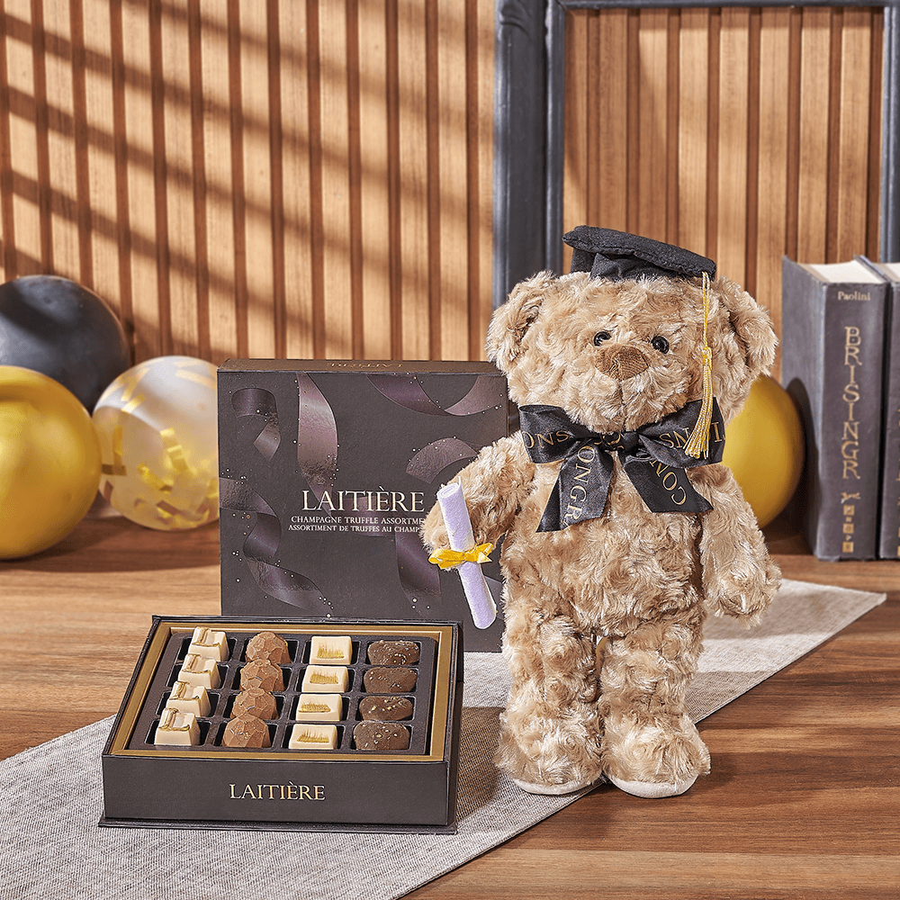 Graduation Bear &amp; Truffle Gift, chocolate gift, chocolate, graduation gift, graduation, plush gift, plush, America delivery