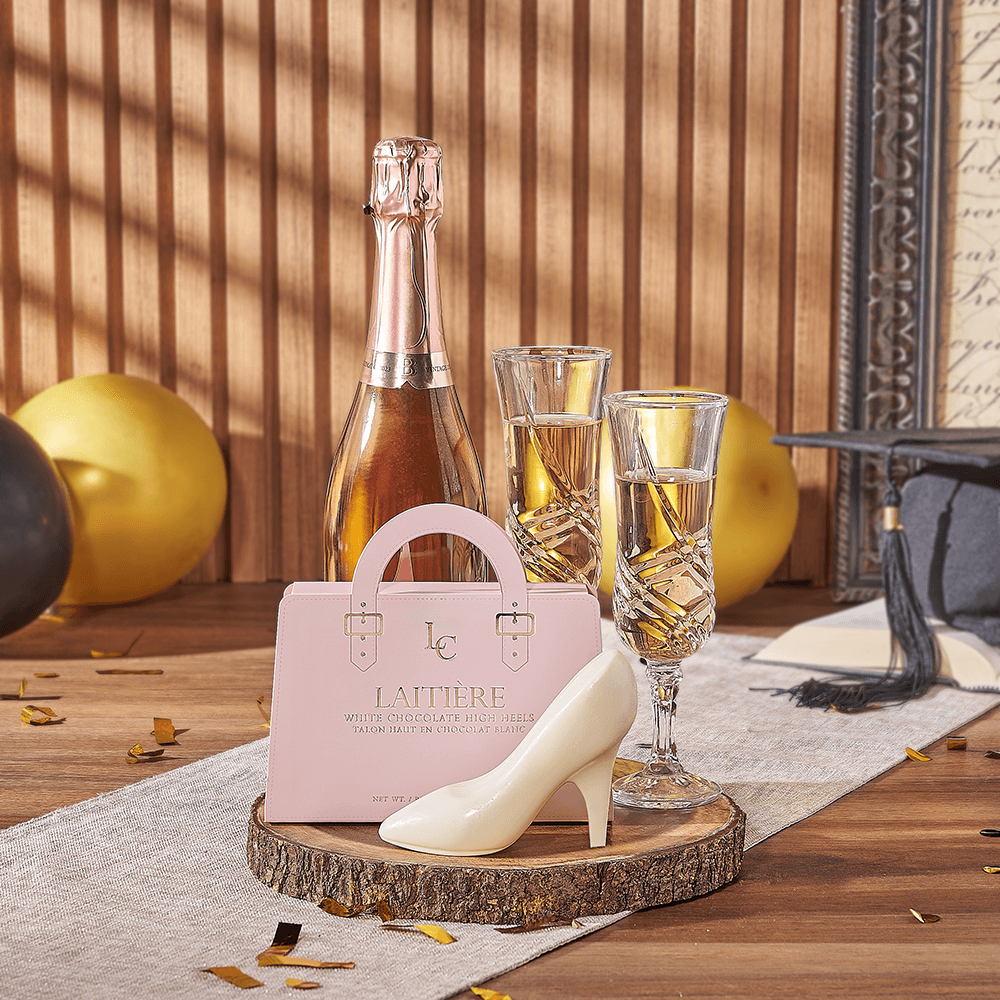 Gift Basket with Sparkling Wine, Chocolate Heels, and Flutes for Graduation – how the gift is presented
