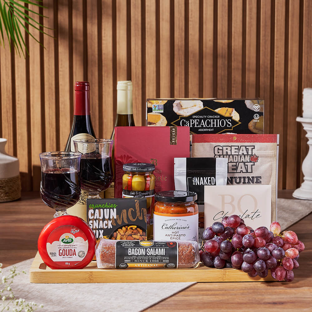 Grand Cheese & Wine Gift Basket, wine gift, wine, charcuterie gift, charcuterie, cheese gift, cheese, fruit gift, fruit, America delivery