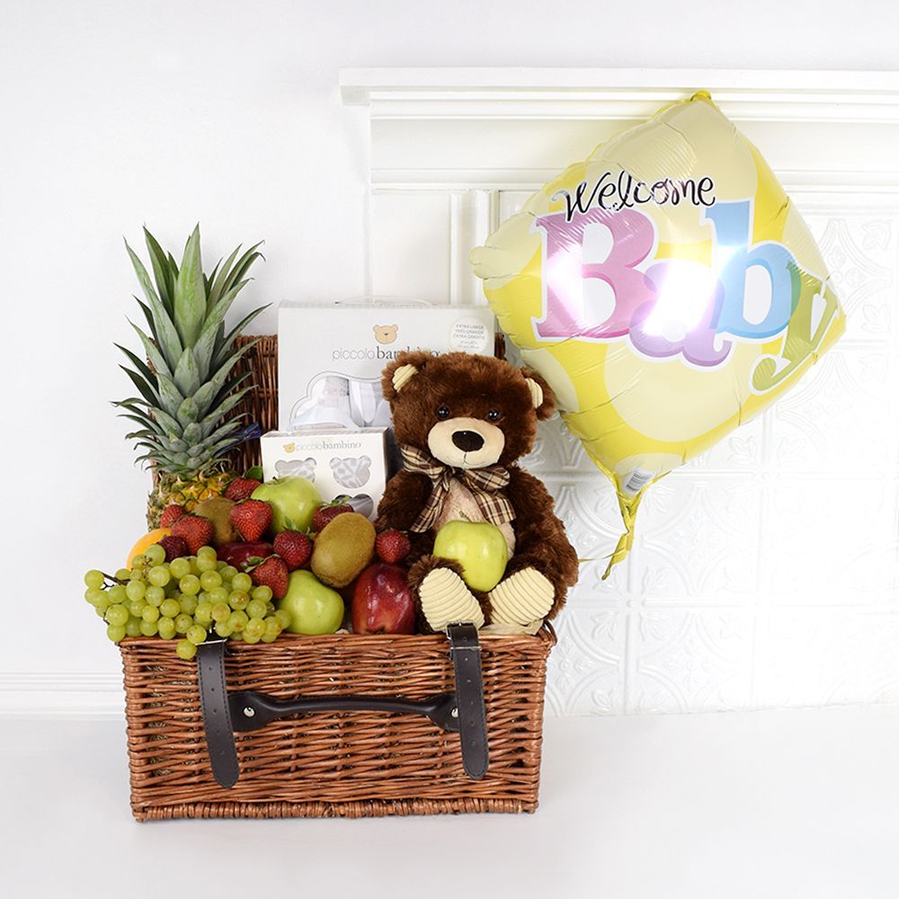 Baby Welcome Gift Basket Featuring Swaddling Blankets and Balloon – how the gift is presented
