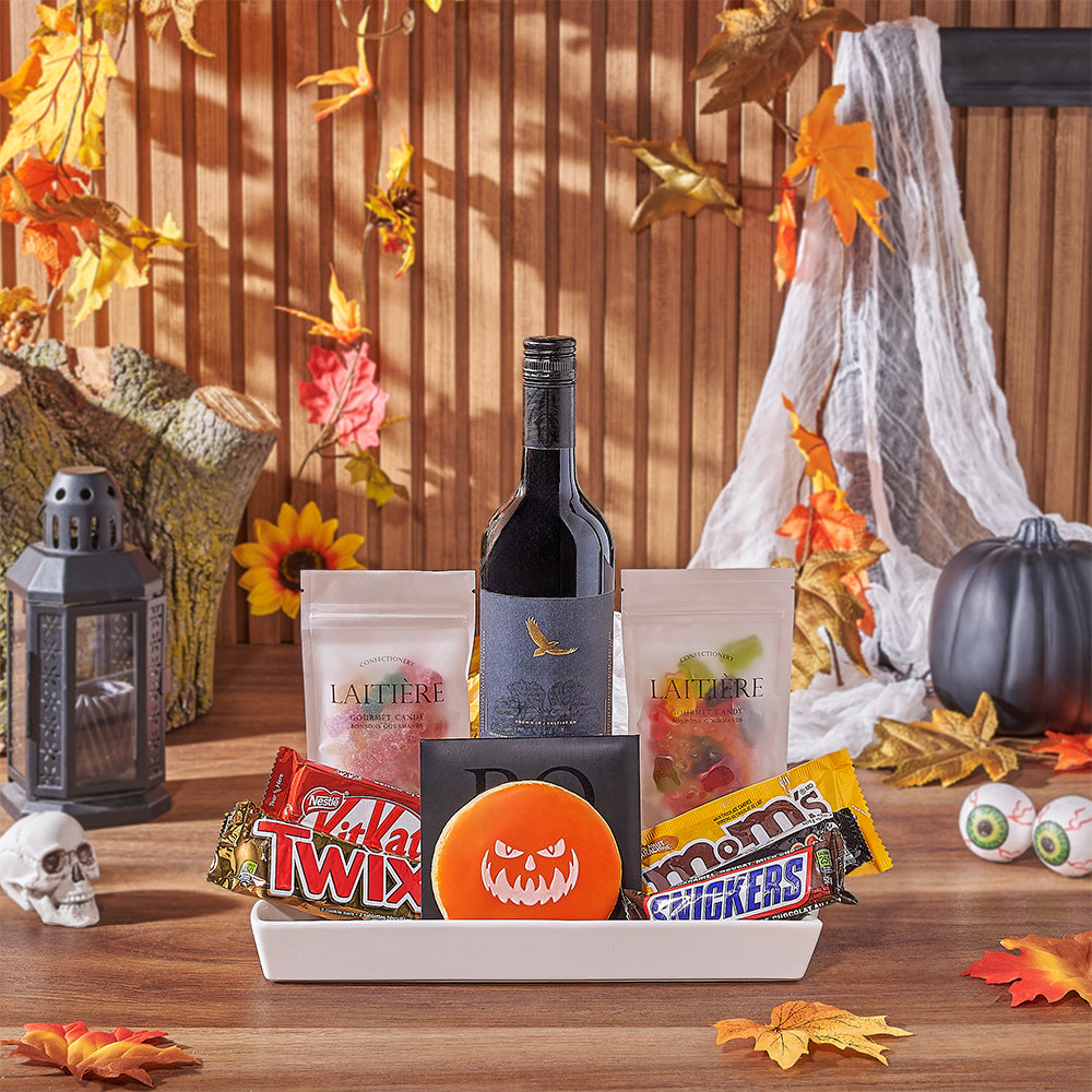 Halloween Wine & Treat Platter, wine gift, wine, chocolate gift, chocolate, halloween gift, halloween, America delivery