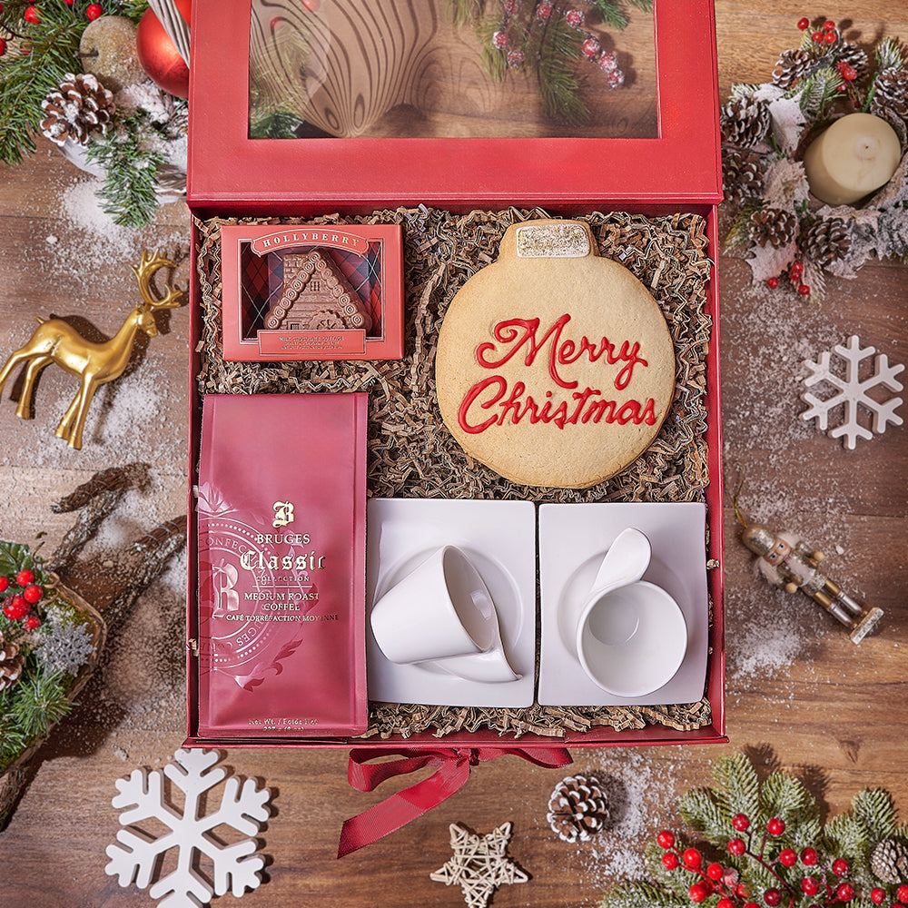 Premium Holiday Gift Basket with Milk Chocolate and Espresso Cups – how the gift is presented