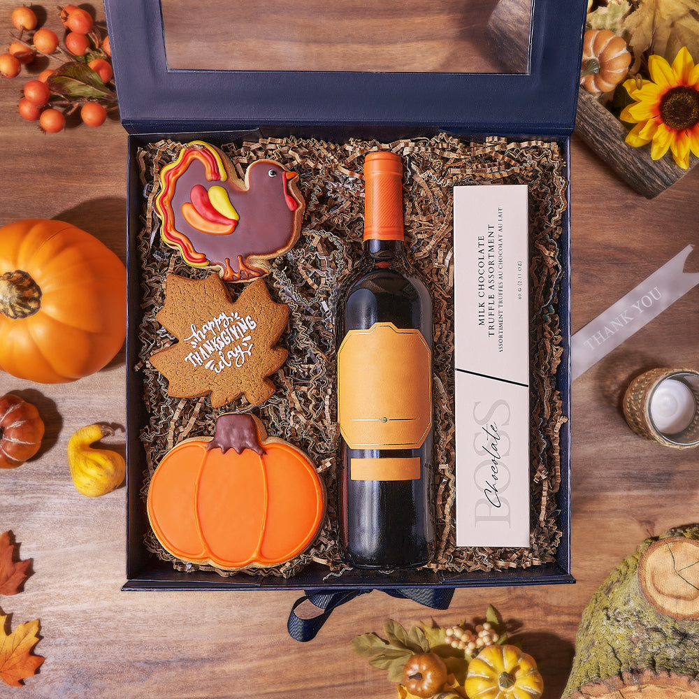 Happy Thanksgiving Wine &amp; Cookie Box, thanksgiving gift, thanksgiving, wine gift, wine, chocolate gift, chocolate, America delivery