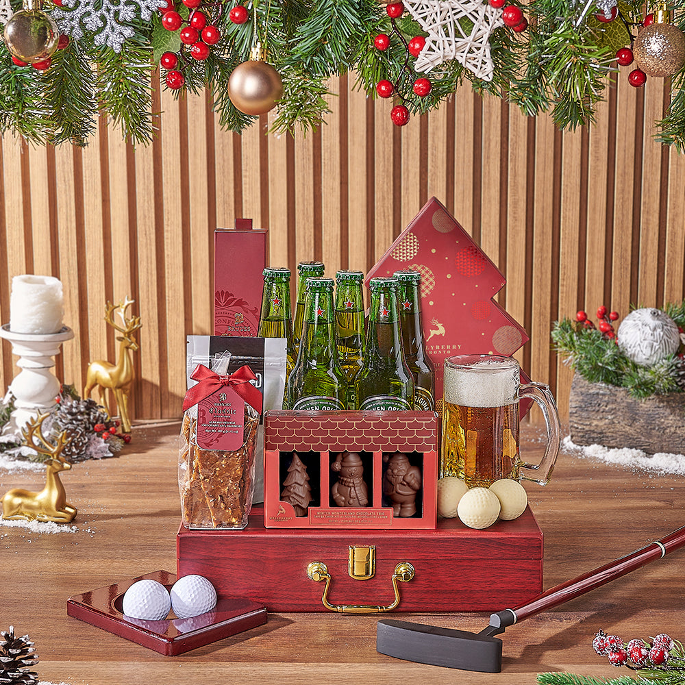 Holiday Beer &amp; Snacks Gift Basket, beer gift, beer, chocolate gift, chocolate, golf gift, golf, christmas gift, christmas, America delivery