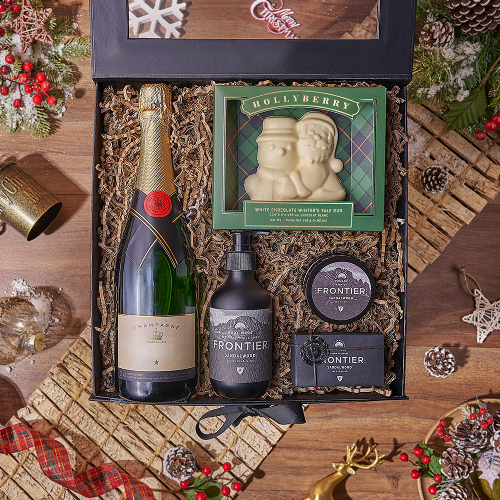 Holiday Bubbly &amp; Spa Gift Box, chocolate gift, chocolate, champagne gift, champagne, sparkling wine gift, sparkling wine, Christmas gift, Christmas, America delivery