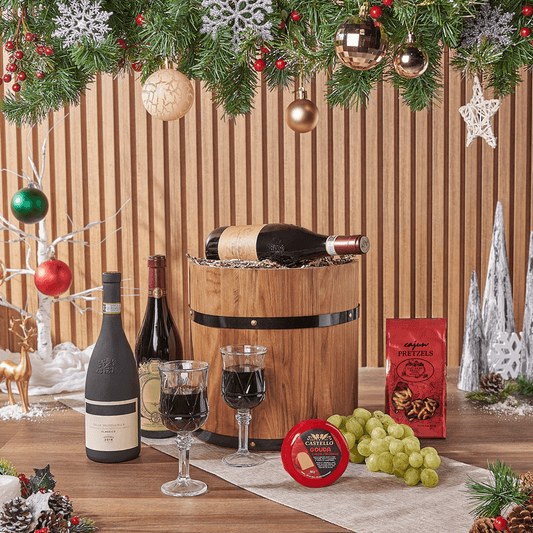 Holiday Fine Wine & Cheese Barrel, wine gift, wine, cheese gift, cheese, fruit gift, fruit, christmas gift, christmas, holiday gift, holiday, America delivery