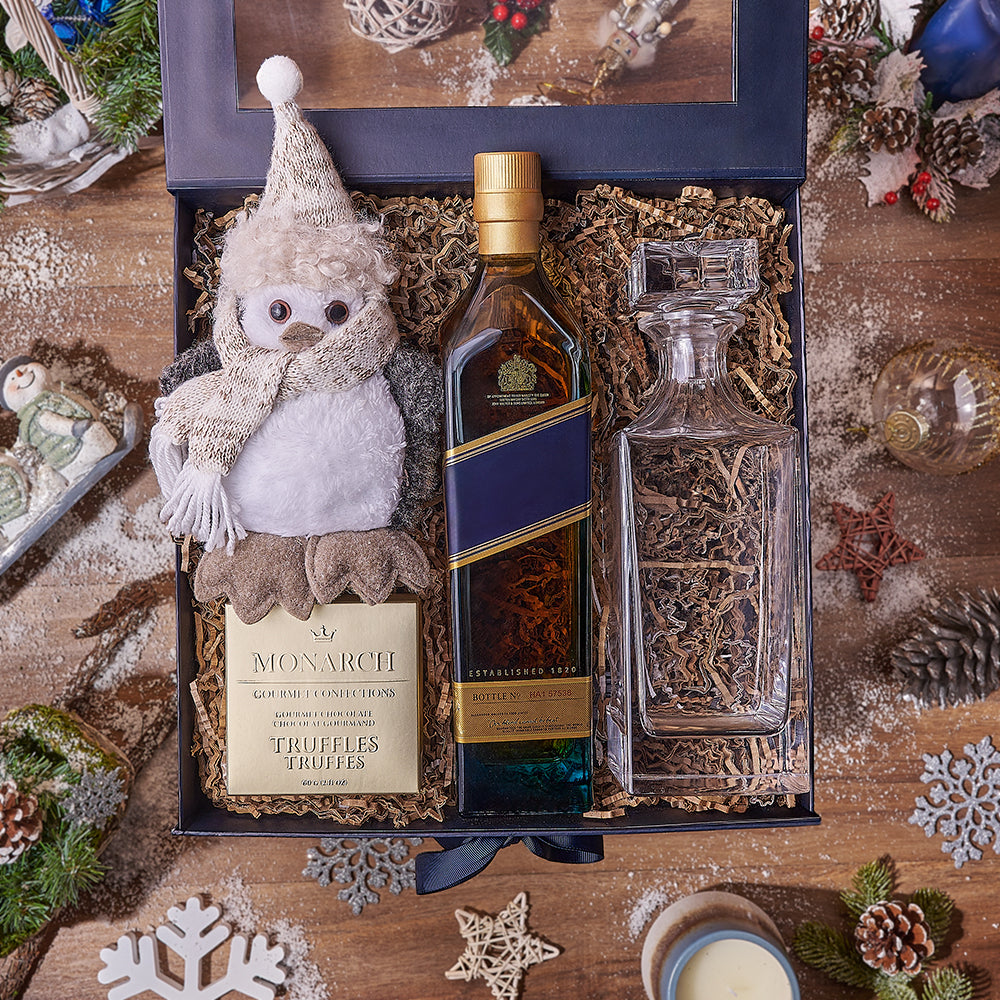 Holiday Liquor Decanter &amp; Treats Basket, liquor gift, liquor, chocolate gift, chocolate, decanter gift, decanter, christmas gift, christmas, America delivery
