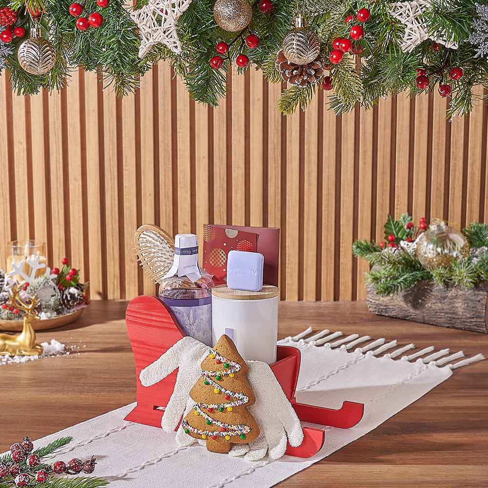 Holiday Lavender Spa Gift Basket with Dark Chocolate and Candle – how the gift is presented