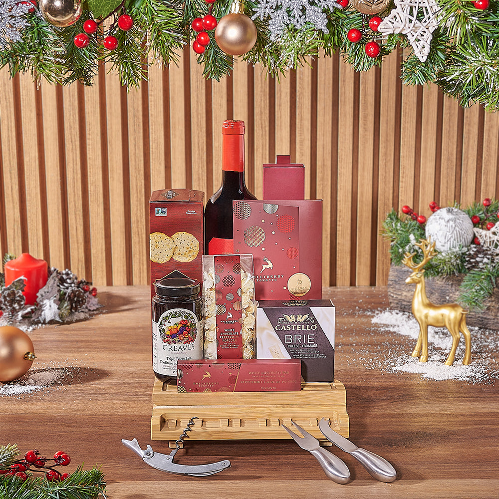 Holiday Wine &amp; Cheese Snack Basket, wine gift, wine, chocolate gift, chocolate, christmas gift, christmas, America delivery