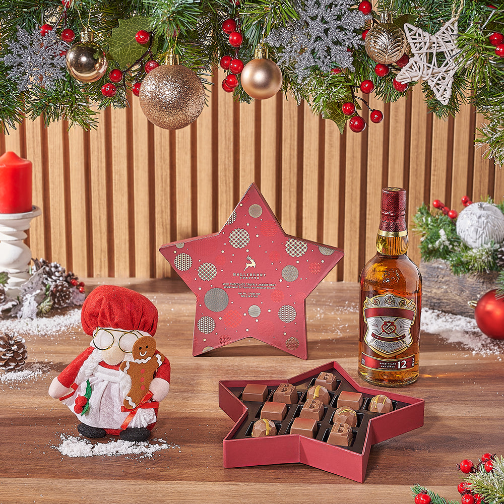 Premium Whiskey and Gourmet Chocolate Truffles Holiday Gift Basket – how the gift is presented