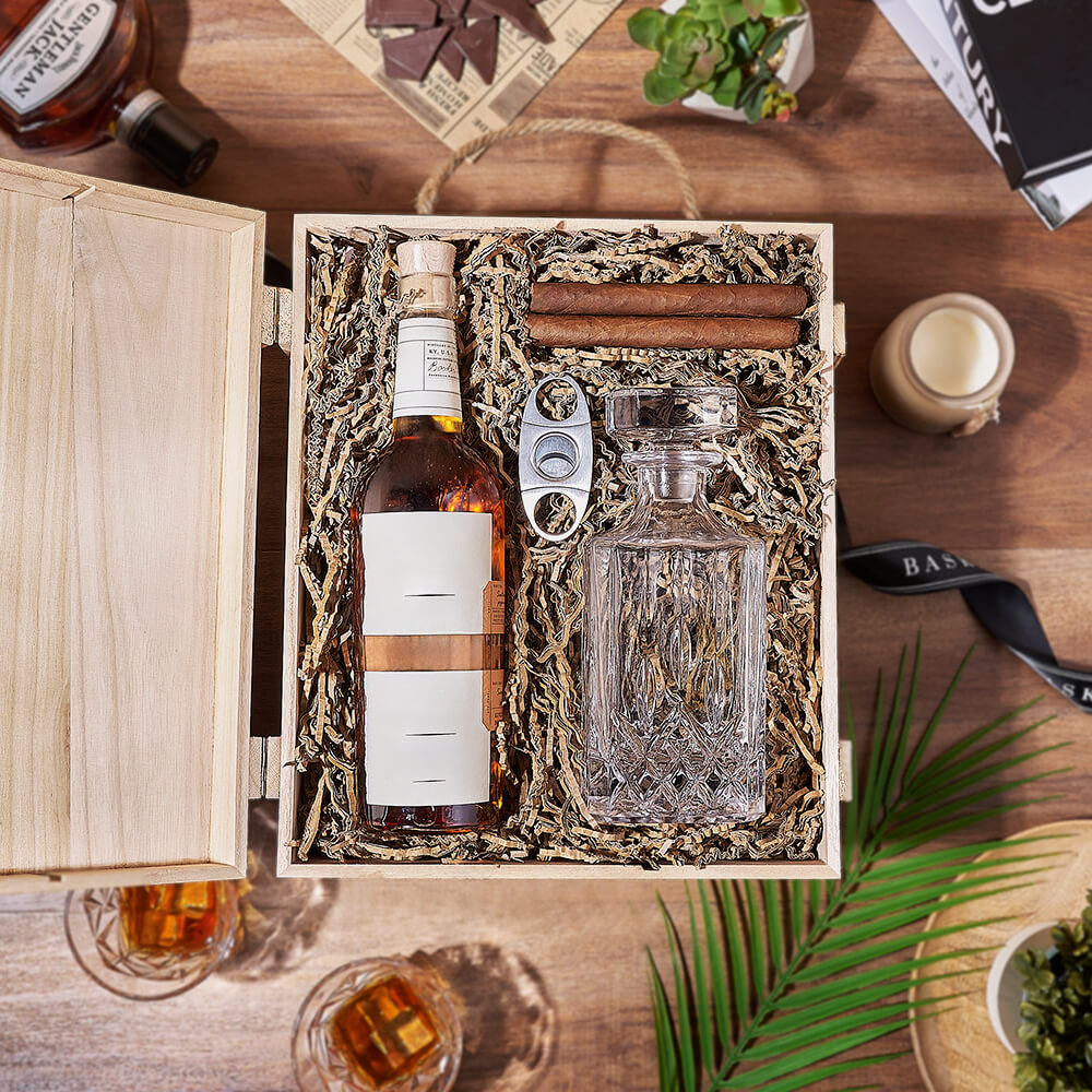 Liquor & Decanter Crate, liquor gift, liquor, decanter gift, decanter, cigar gift, cigar, America delivery