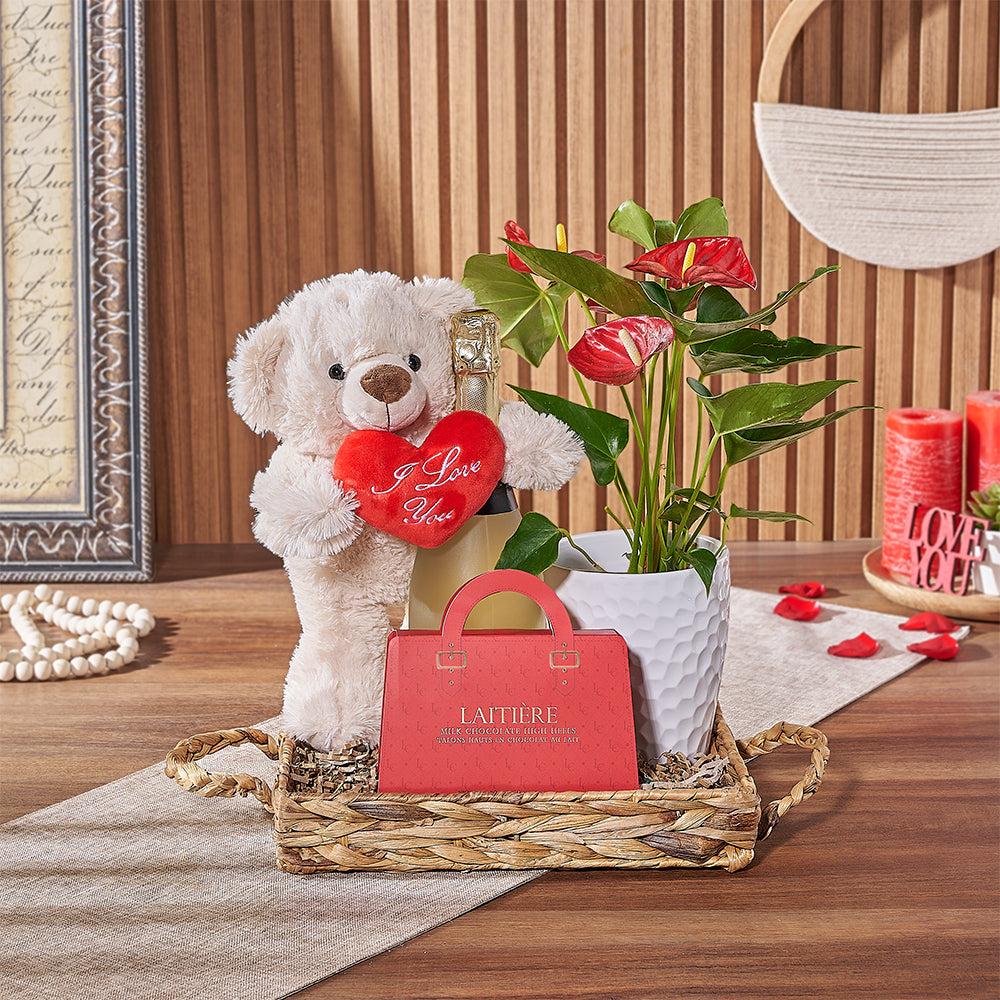 Sparkling Wine and Anthurium Gift Basket in Woven Tray for Valentine's Day – how the gift is presented
