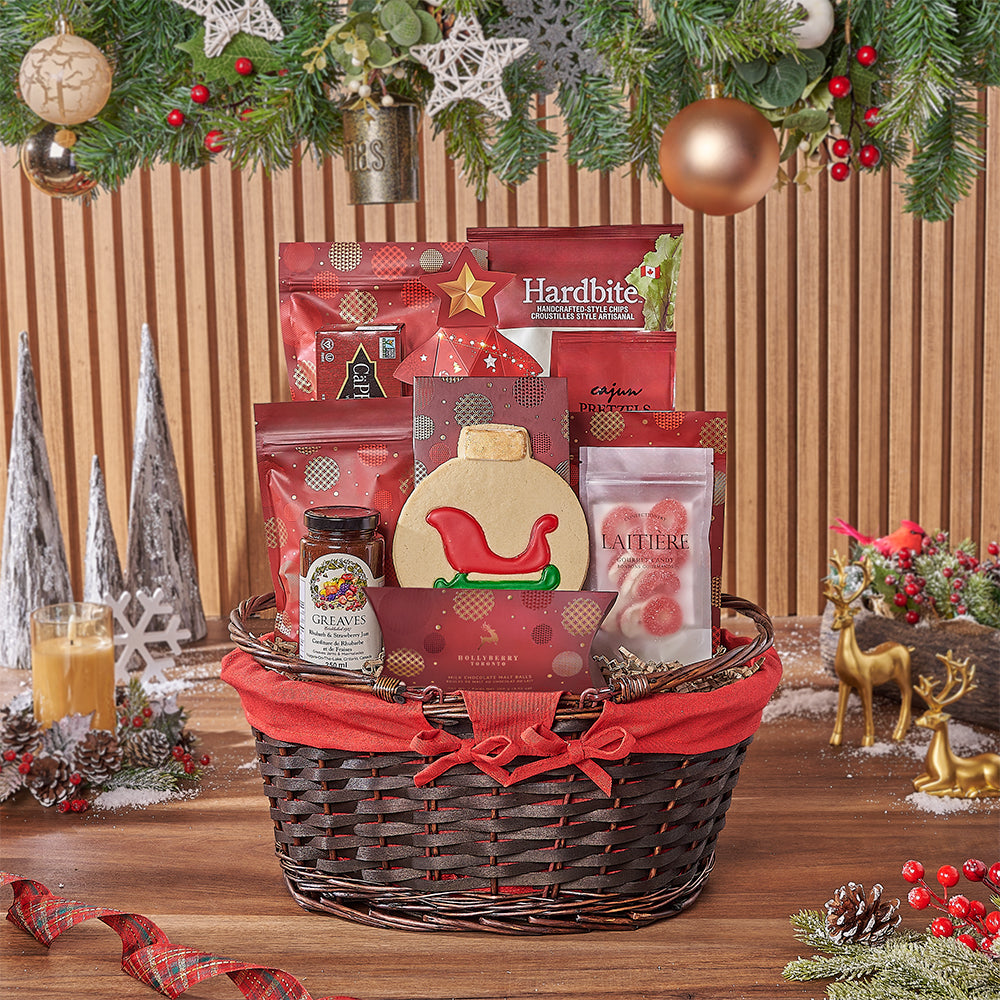 Festive Assorted Treats Gift Basket – how the gift is presented