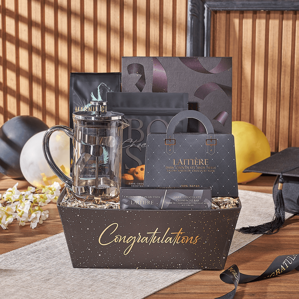 French Press and Chocolate Graduation Gift – how the gift is presented