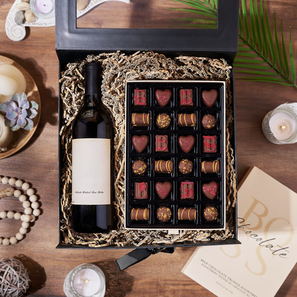 Scrumptious Wine Gift Box, wine gift, wine, chocolate gift, chocolate, America delivery