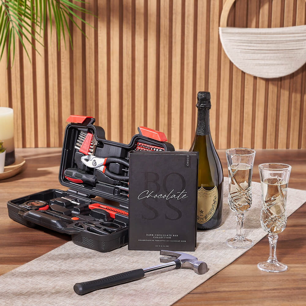 Sensible Champagne &amp; Tool Gift, champagne gift, champagne, sparkling wine gift, sparkling wine, chocolate gift, chocolate, tool gift, tools, America delivery