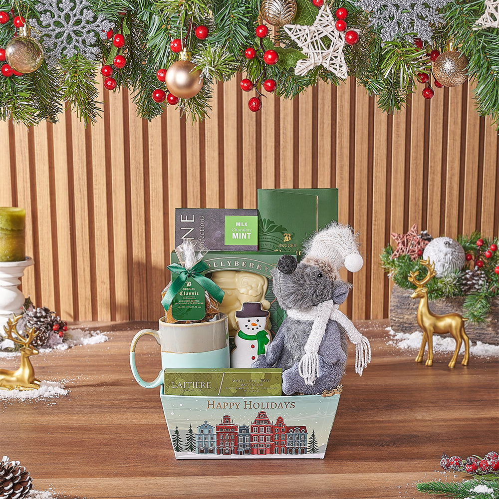 Holiday Chocolate Gift Basket with Plush – how the gift is presented