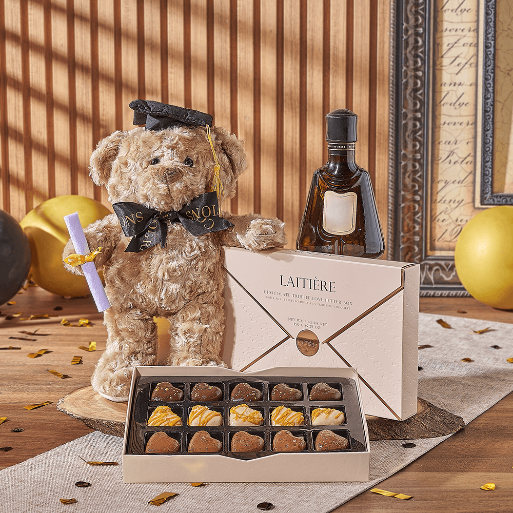Spirits &amp; Graduate Bear Gift, liquor gift, liquor, chocolate gift, chocolate, plush gift, plush, graduation gift, graduation, America delivery