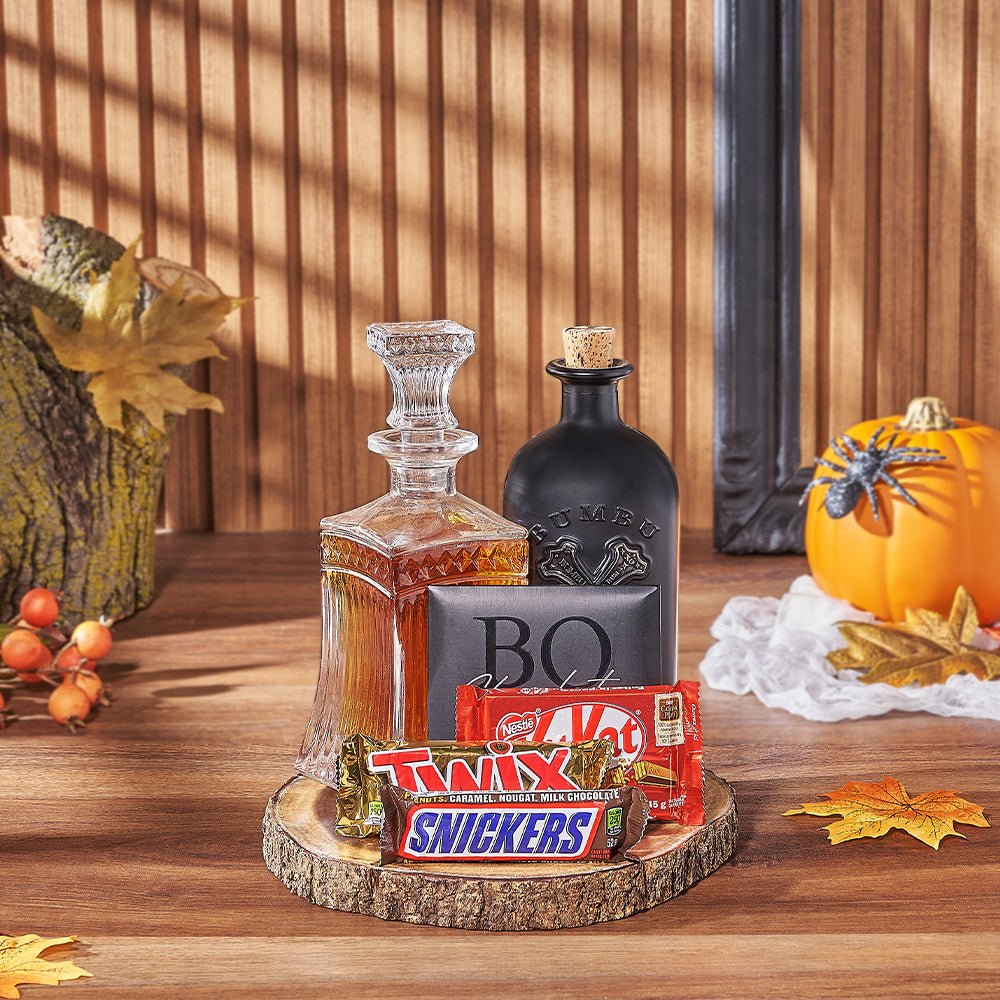 Halloween Vodka Decanter Gift Set with Gourmet Chocolates and Live Edge Board – how the gift is presented