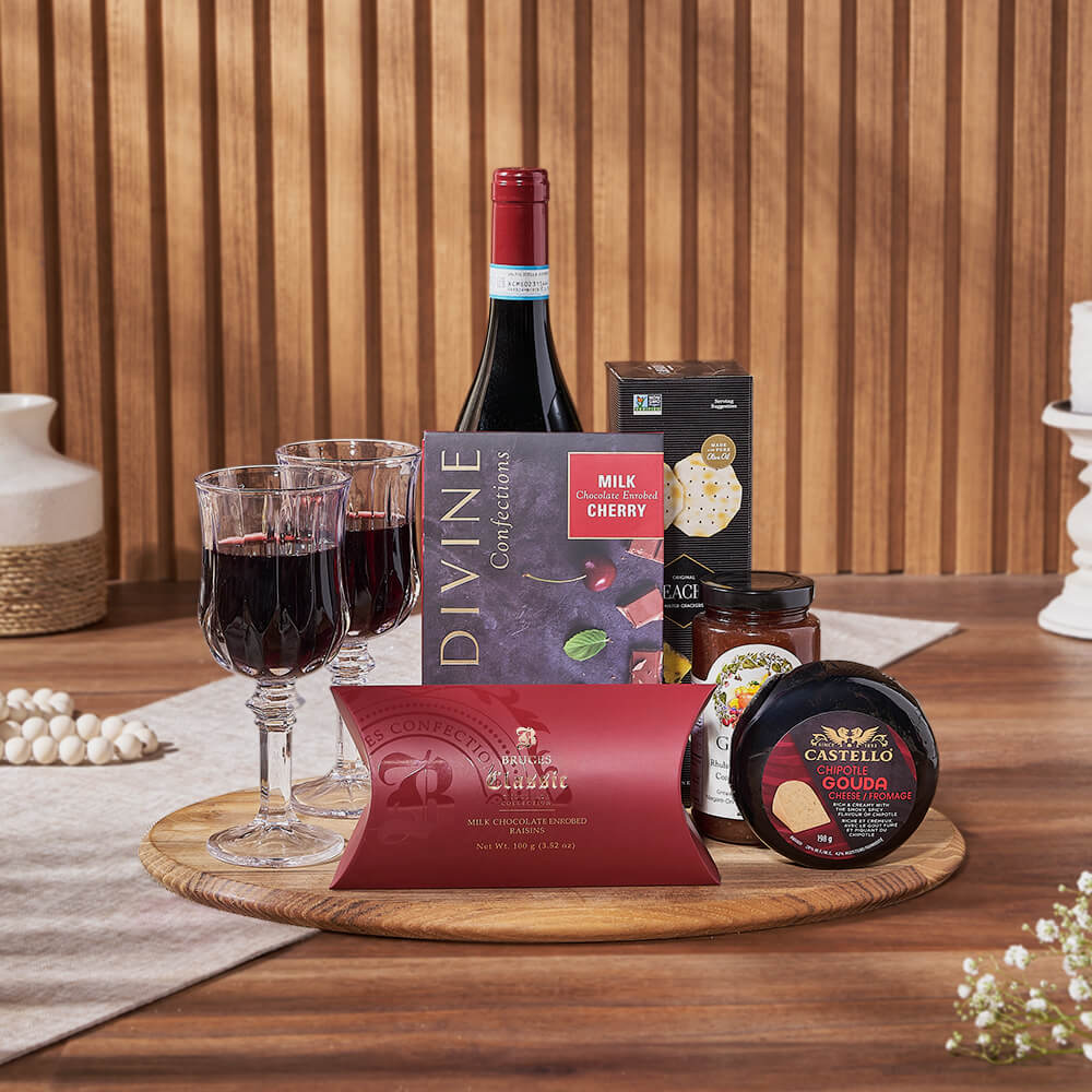 Sweet &amp; Fruity Wine Gift Basket, wine gift, wine, cheese gift, cheese, chocolate gift, chocolate, America delivery