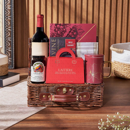Tea & Sweets Wine Basket, wine gift, wine, tea gift, tea, chocolate gift, chocolate, America delivery