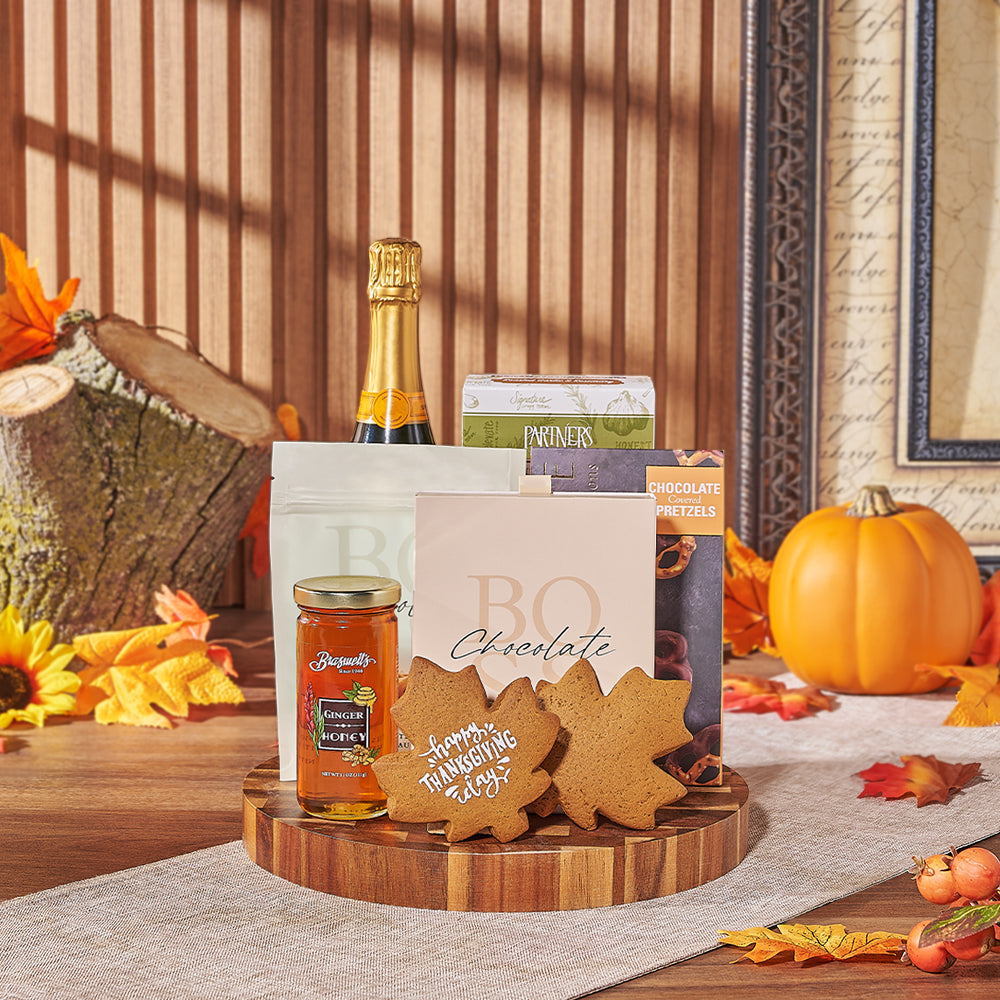 Thanksgiving Celebration &amp; Treats Basket, thanksgiving gift, thanksgiving, chocolate gift, chocolate, champagne gift, champagne, sparkling wine gift, sparkling wine, America delivery