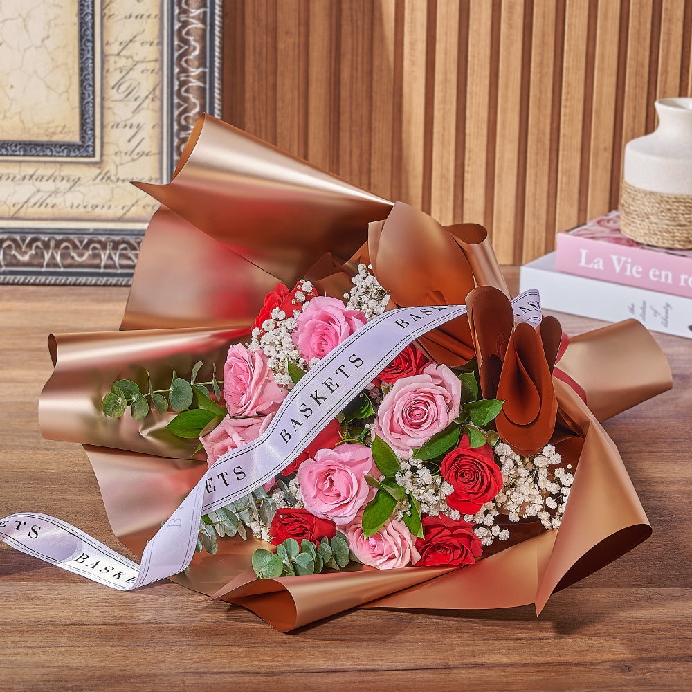 Classic Pink and Red Rose Mixed Floral Bouquet in Wrap – how the gift is presented