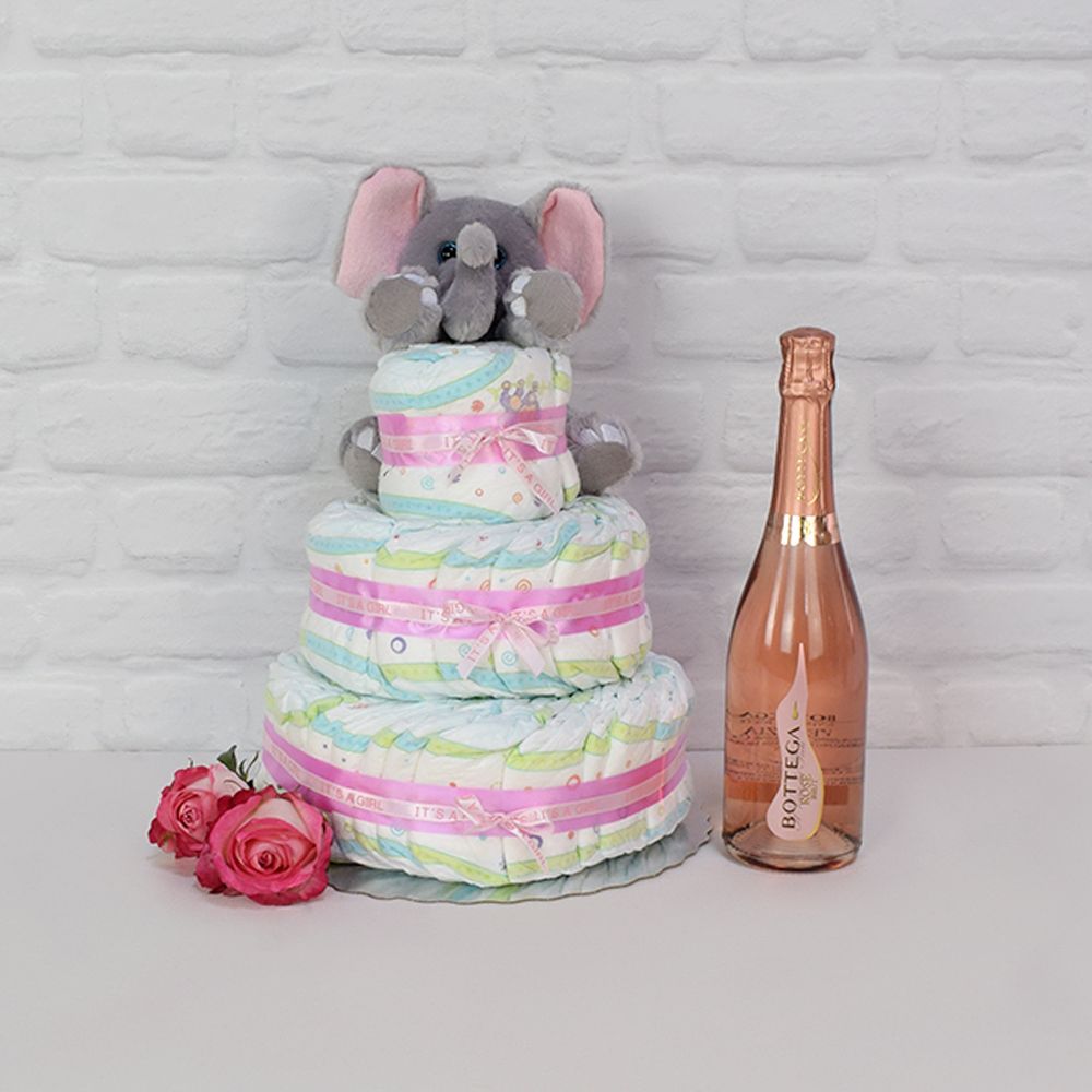 New Parenthood Three-Tier Diaper Cake with Champagne Gift Basket – how the gift is presented